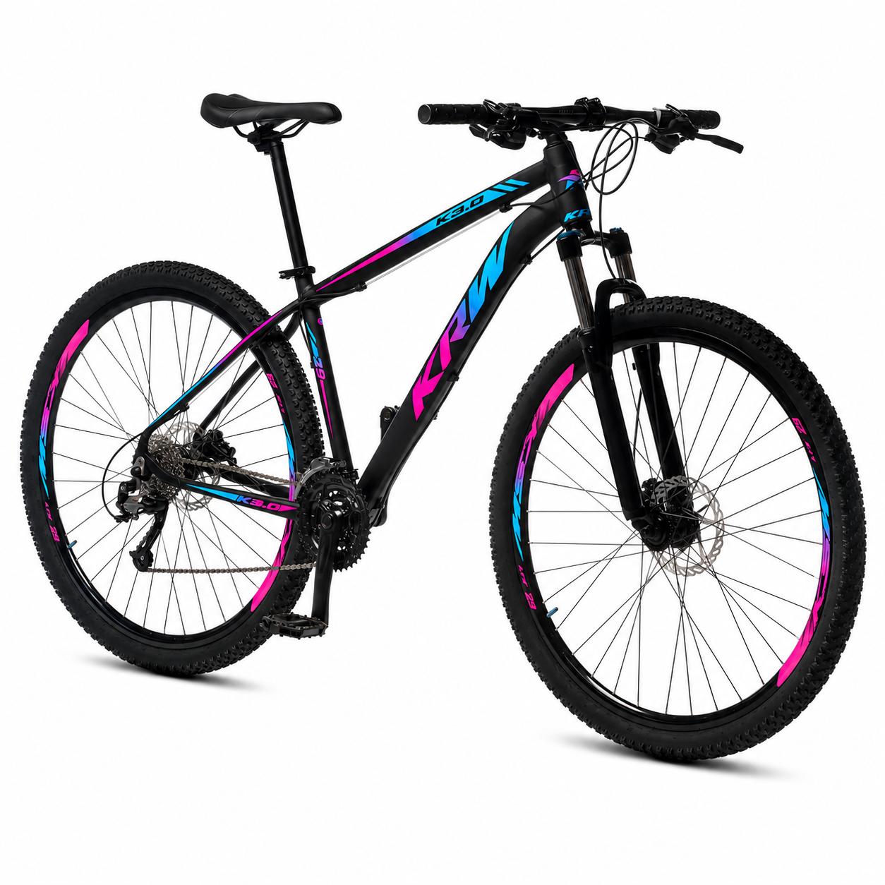Bicicleta Bike aro 29 Mountain Bike Câmbio 21 velocidades Freio a Disco Amortecedor Suspensão dianteira Preto Rosa e Azul Tamanho quadro 17